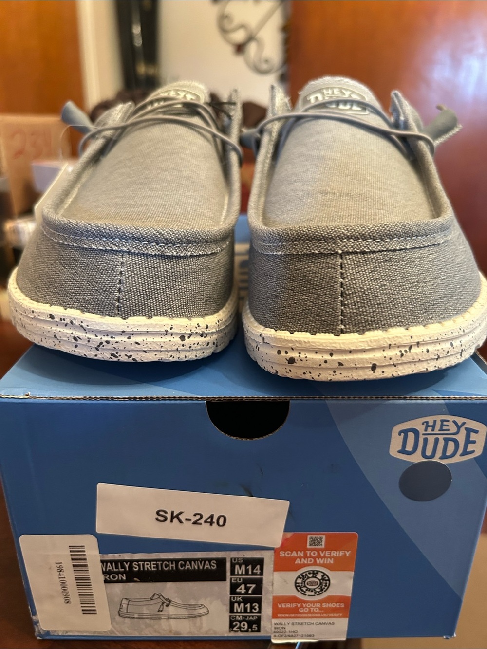 Men’s Hey Dude Light Grey Canvas Slip-Ons with Speckled Sole